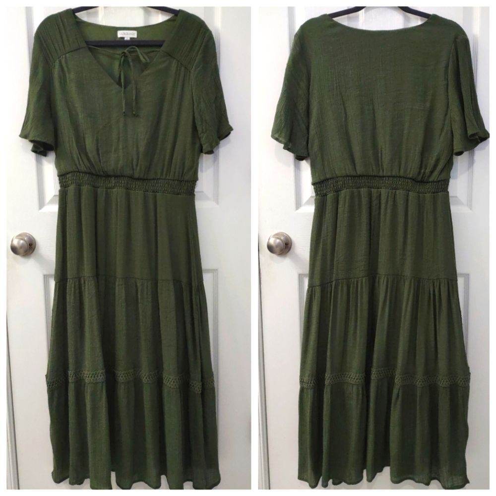 Luxology Olive Green Modest Keyhole Flowy Summer Tiered Maxi Dress Size L